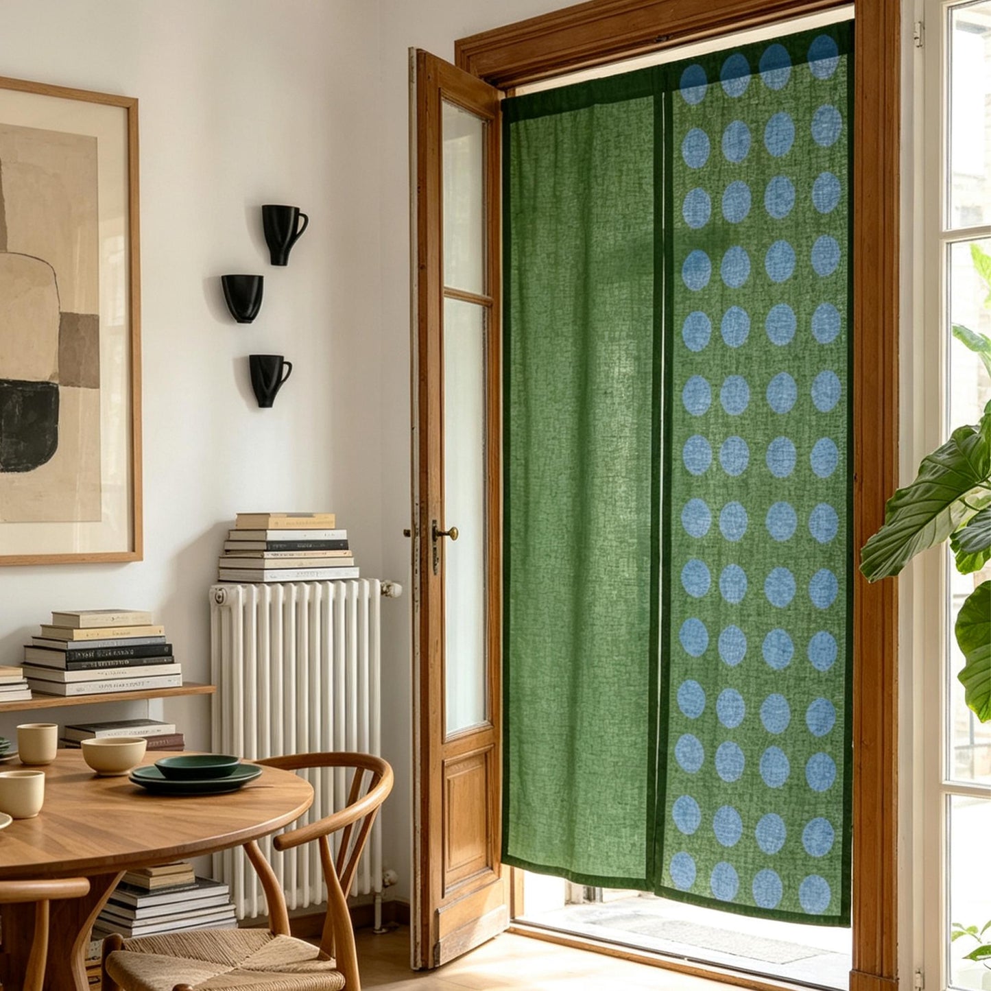styled room scene with Polka Dot Linen Noren — Green / Dots used as a window or doorway curtain
