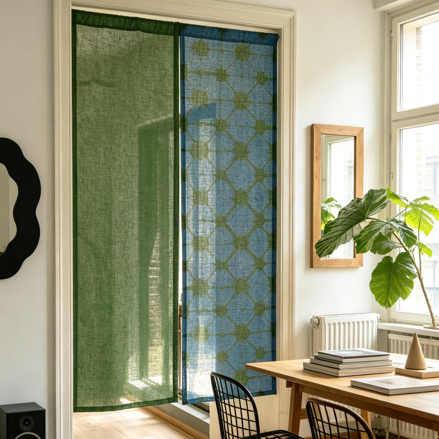 Plant-dyed linen noren 'Plaid' — handmade Japanese doorway curtain with botanical motif.