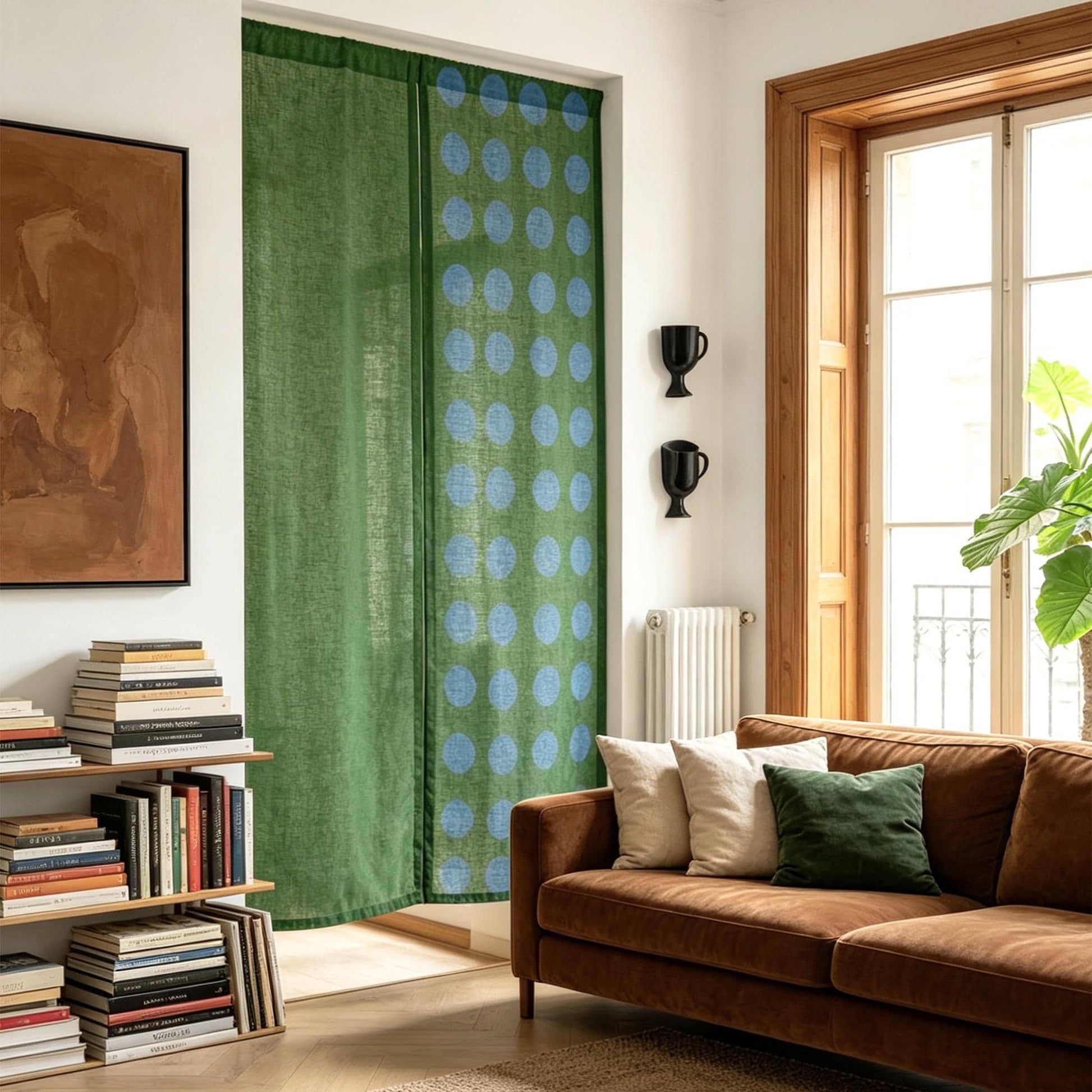 detail view of Polka Dot Linen Noren — Green / Dots showing plant-dyed linen texture and pattern
