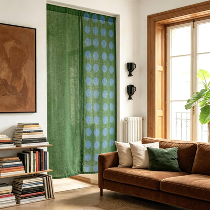 detail view of Polka Dot Linen Noren — Green / Dots showing plant-dyed linen texture and pattern