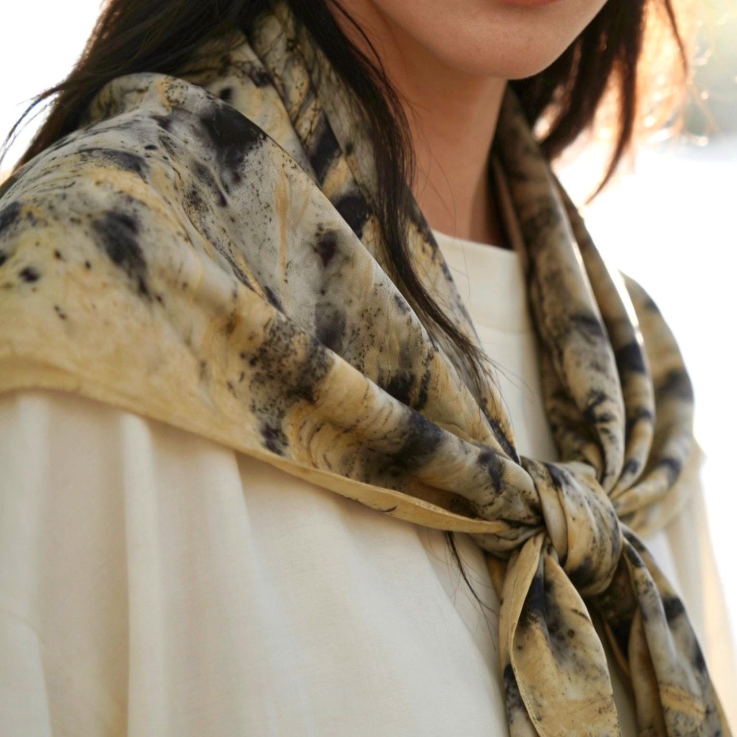 flat-lay view of Scarf — Ochre Vine highlighting the natural dye and motif