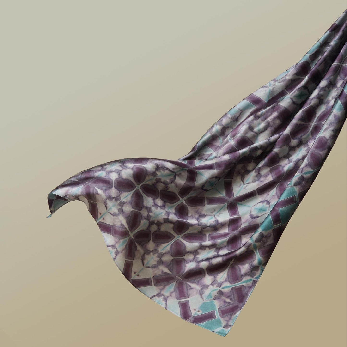 Scarf — Mauve Knot styled and worn, showing the natural plant-dyed pattern