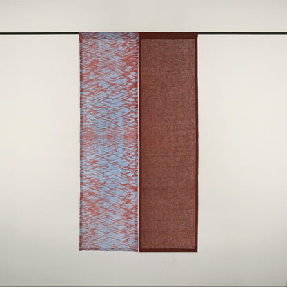 Plant-dyed linen noren 'Mist Red' — handmade Japanese doorway curtain with botanical motif.