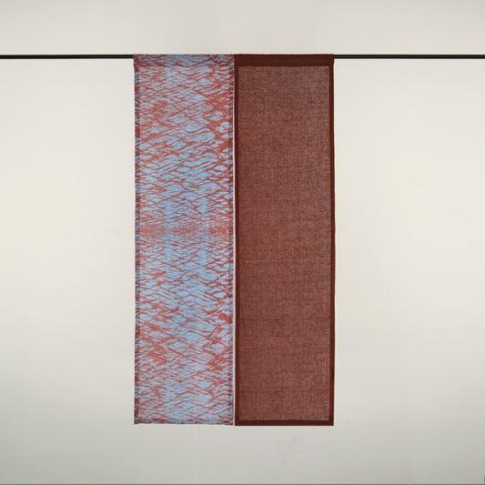 Plant-dyed linen noren 'Mist Red' — handmade Japanese doorway curtain with botanical motif.