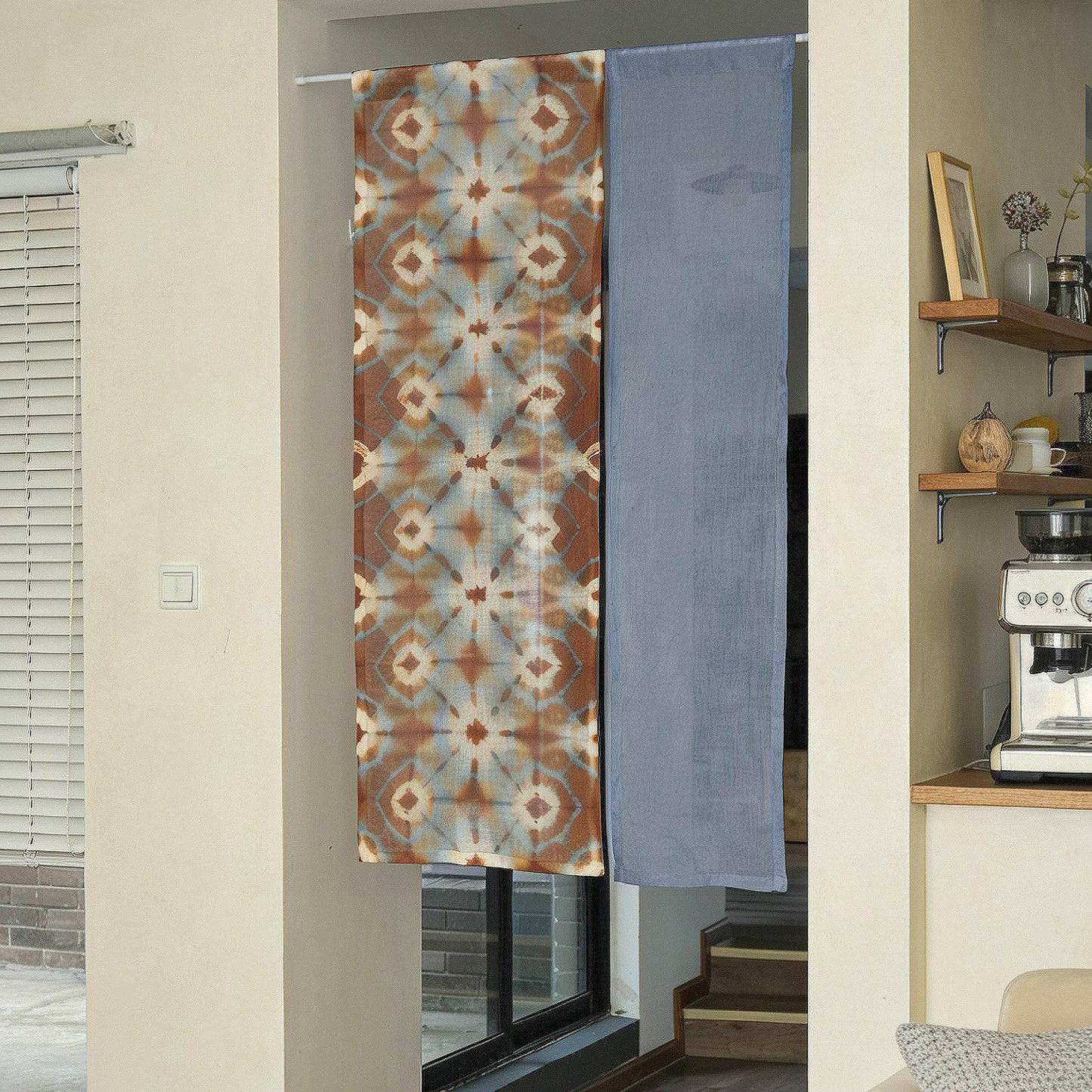 Plant-dyed linen noren 'Blue Bloom' — handmade Japanese doorway curtain with botanical motif.