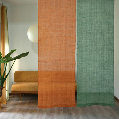 Ramie ombre textile 'Ochre Green' — hand-dyed gradient plant-dyed ramie panel.