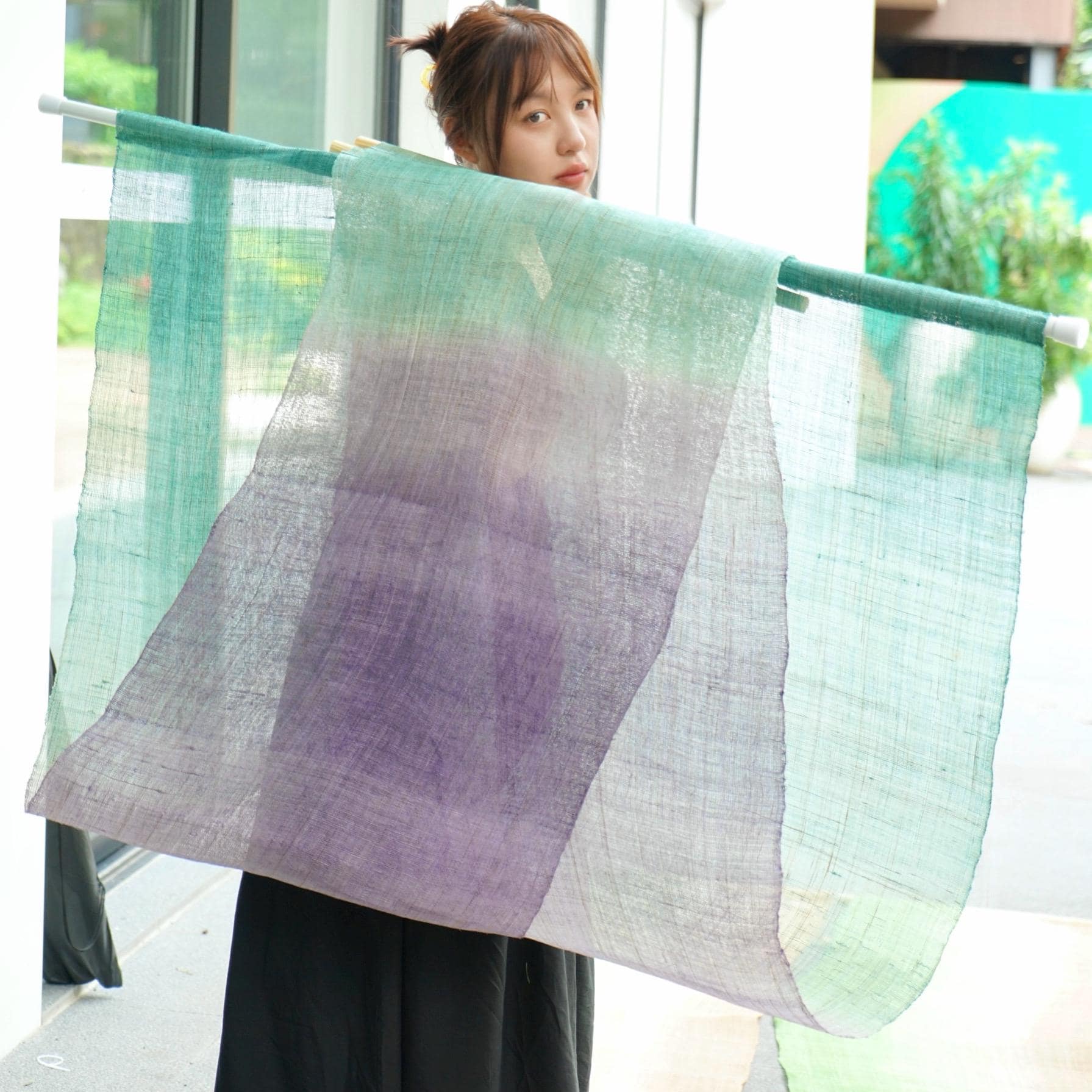 room scene featuring Ramie Ombre — Violet Mist hung by a window or doorway