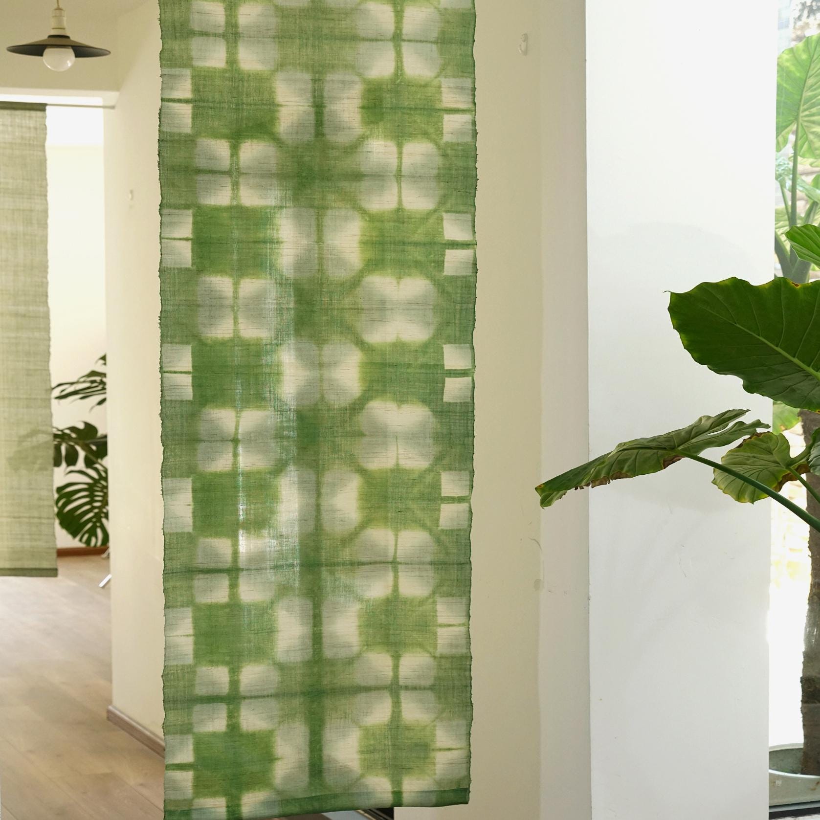 multiple panels of coordinating plant-dyed textiles including Ramie Cloth — Moss Light