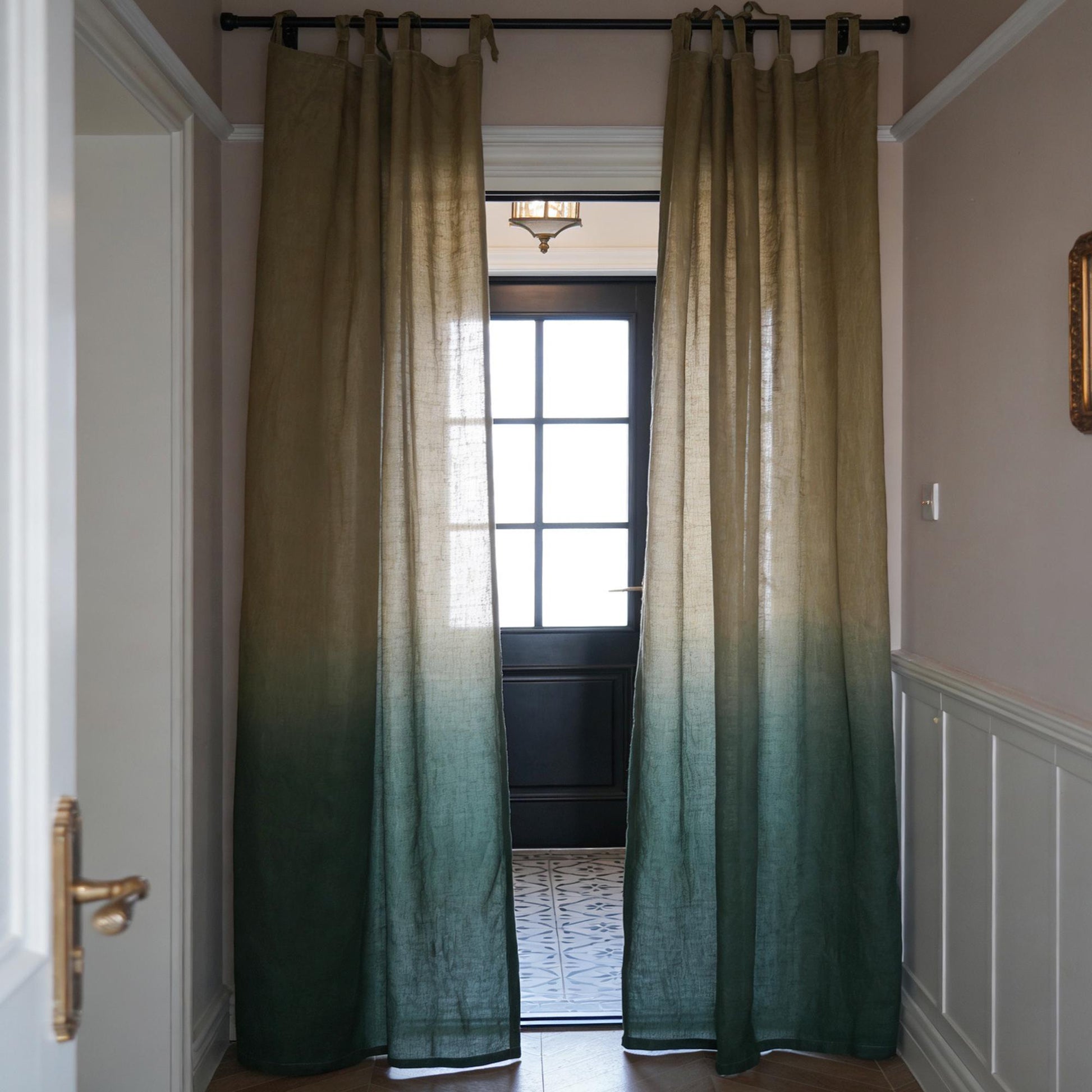 Linen Panel — Deep Teal hanging by a window, filtering daylight in a styled interior
