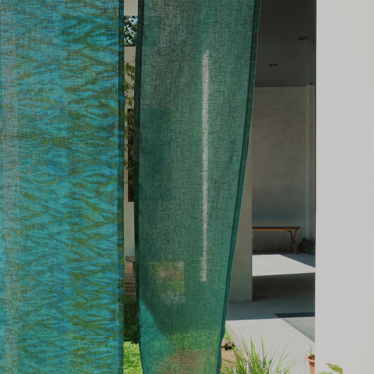 styled room scene with Motif Linen Noren — Wave used as a window or doorway curtain