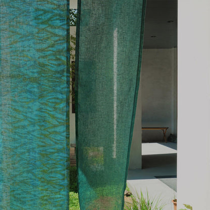 styled room scene with Motif Linen Noren — Wave used as a window or doorway curtain