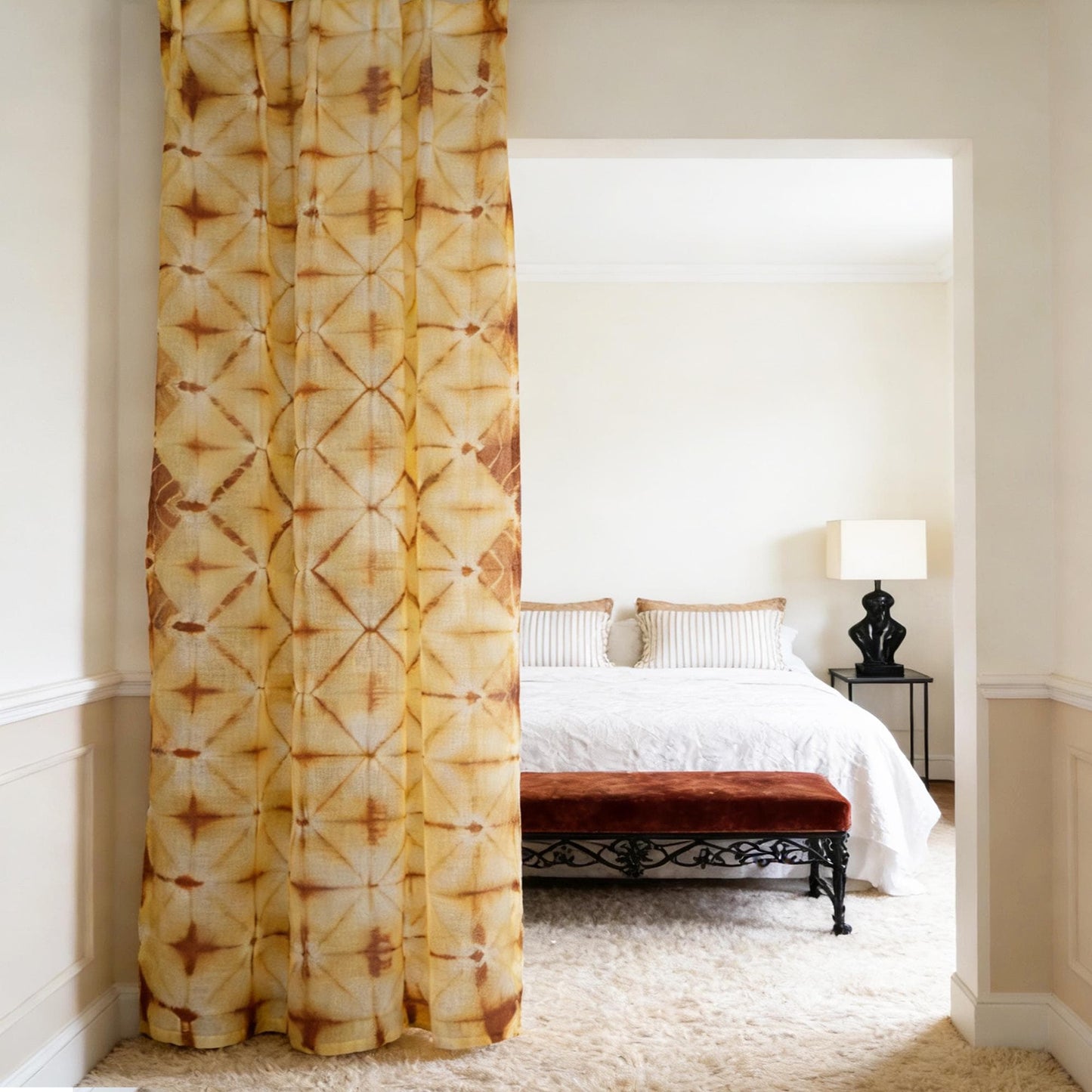 Linen curtain panel 'Oat Dots' — handmade plant-dyed linen for doorway or room divider.