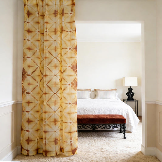 Linen curtain panel 'Oat Dots' — handmade plant-dyed linen for doorway or room divider.