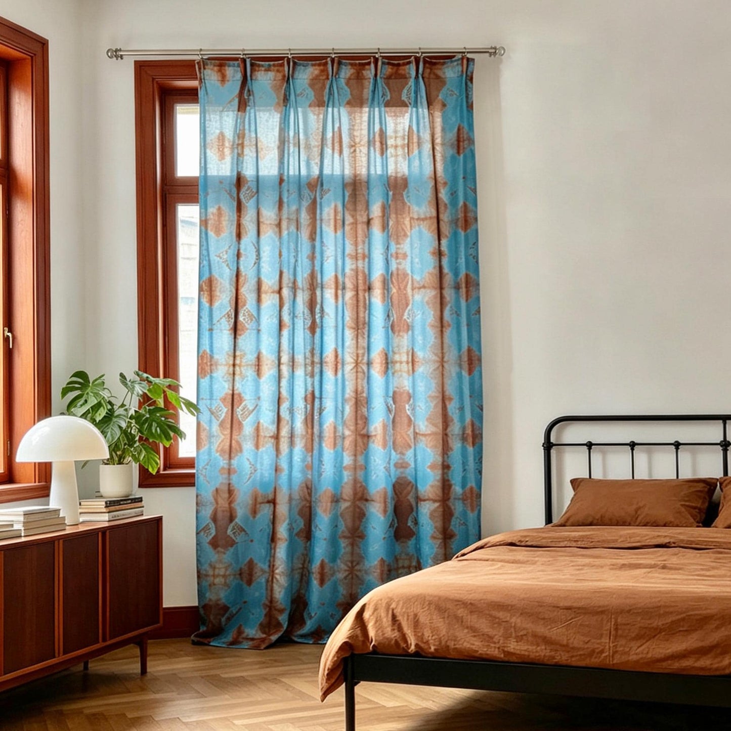 detail view of Pattern Drapery — Red Blue showing plant-dyed pattern and sheer drape