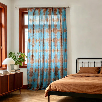 detail view of Pattern Drapery — Red Blue showing plant-dyed pattern and sheer drape