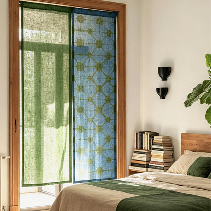 detail view of Motif Linen Noren — Plaid showing plant-dyed linen texture and pattern