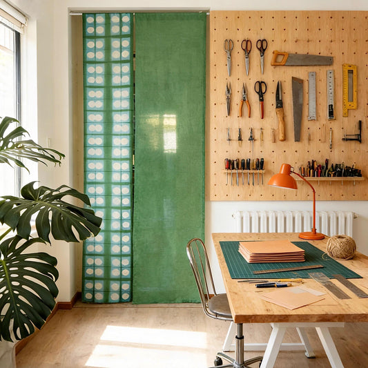alternate angle of Motif Linen Noren — Soft Moss hanging as a two-panel doorway curtain