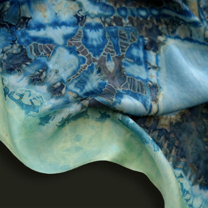 Scarf — Deep Teal styled and worn, showing the natural plant-dyed pattern