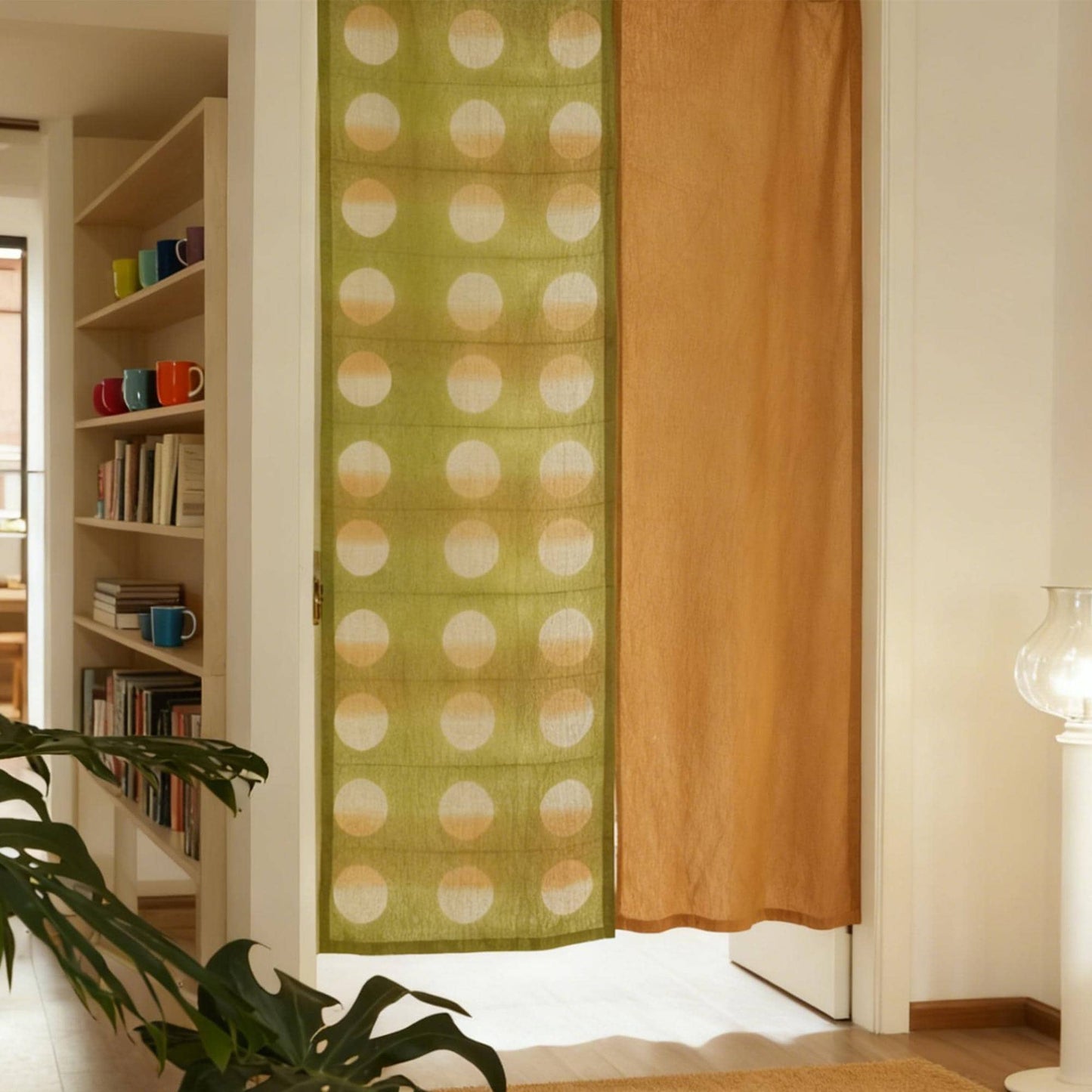 Hand dyed linen noren curtain 'Golden / Green' — playful polka dot Japanese doorway curtain.