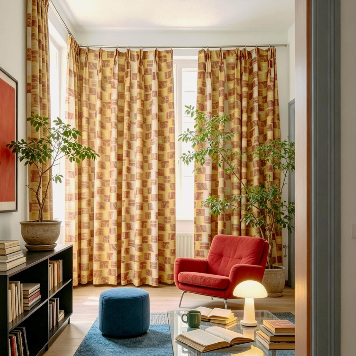 lifestyle scene with Pattern Drapery — Golden Ochre creating a soft, airy room partition