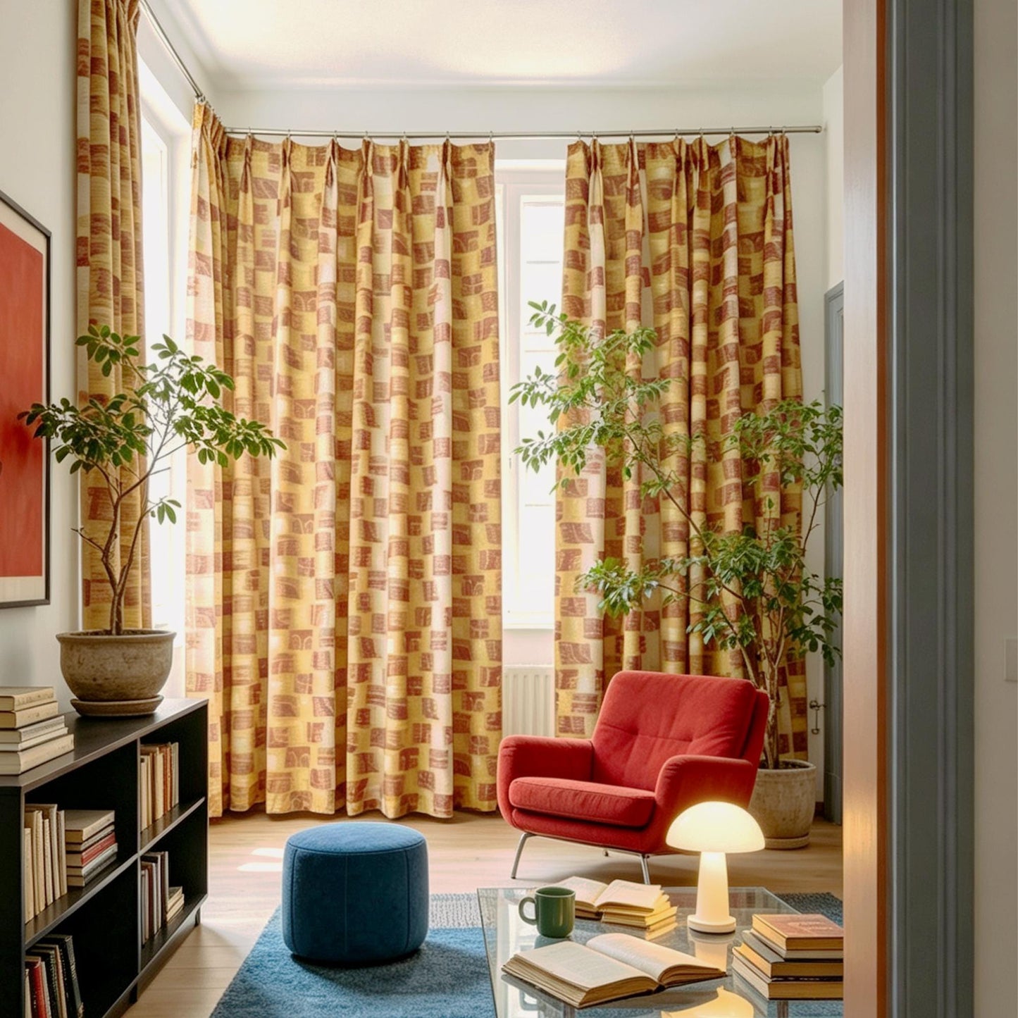 lifestyle scene with Pattern Drapery — Golden Ochre creating a soft, airy room partition