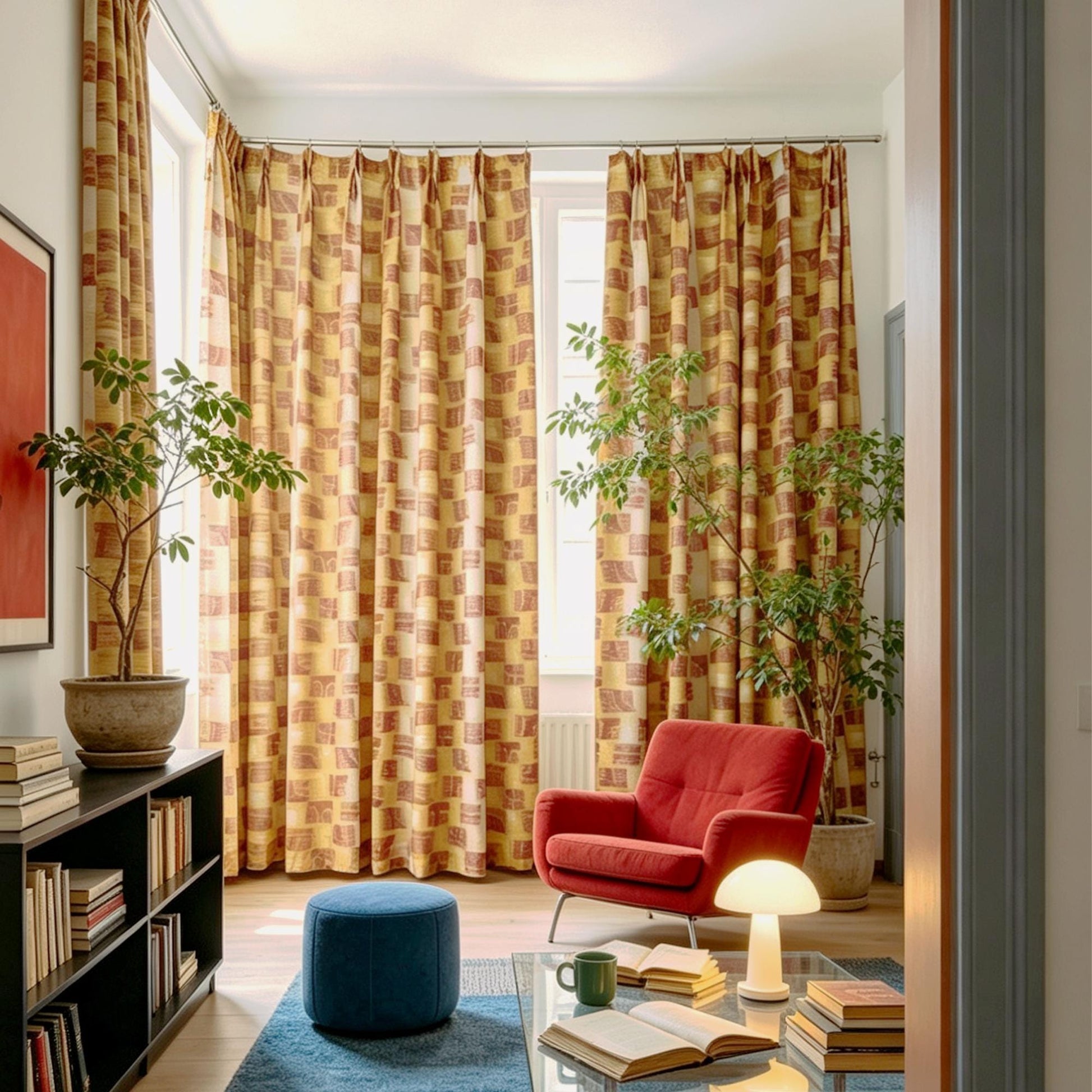 lifestyle scene with Pattern Drapery — Golden Ochre creating a soft, airy room partition