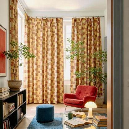 lifestyle scene with Pattern Drapery — Golden Ochre creating a soft, airy room partition