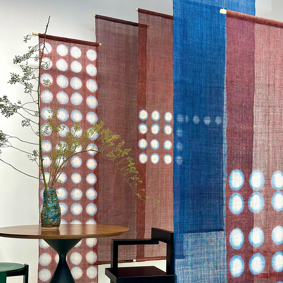 multiple panels of coordinating plant-dyed textiles including Ramie Cloth — Red Dots