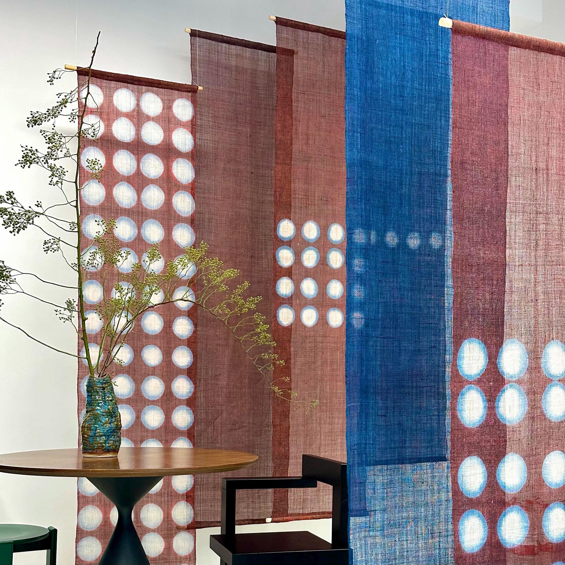 multiple panels of coordinating plant-dyed textiles including Ramie Cloth — Red Dots
