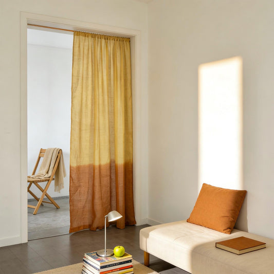 Linen curtain panel 'Warm Beige' — handmade plant-dyed linen for doorway or room divider.