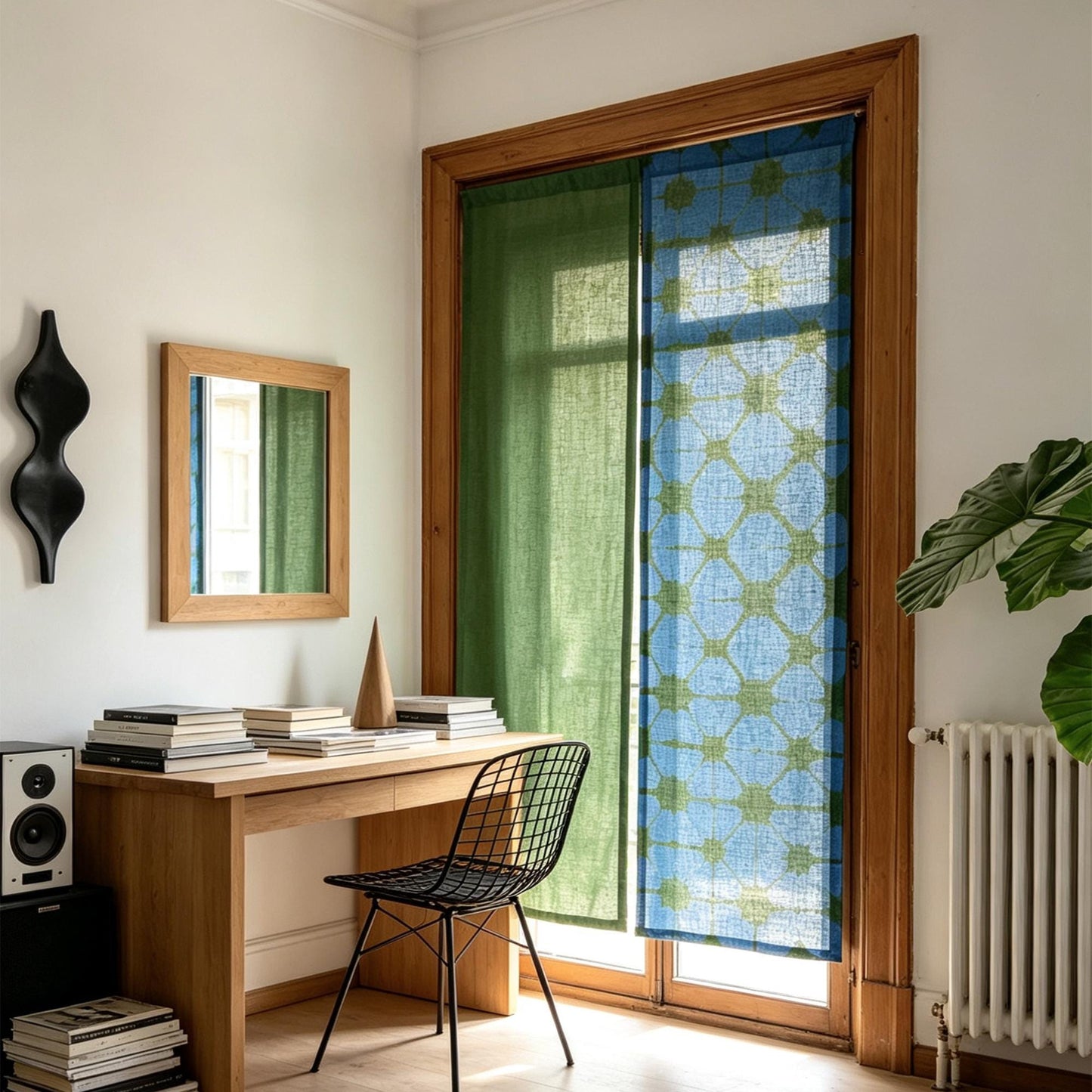 alternate angle of Motif Linen Noren — Plaid hanging as a two-panel doorway curtain