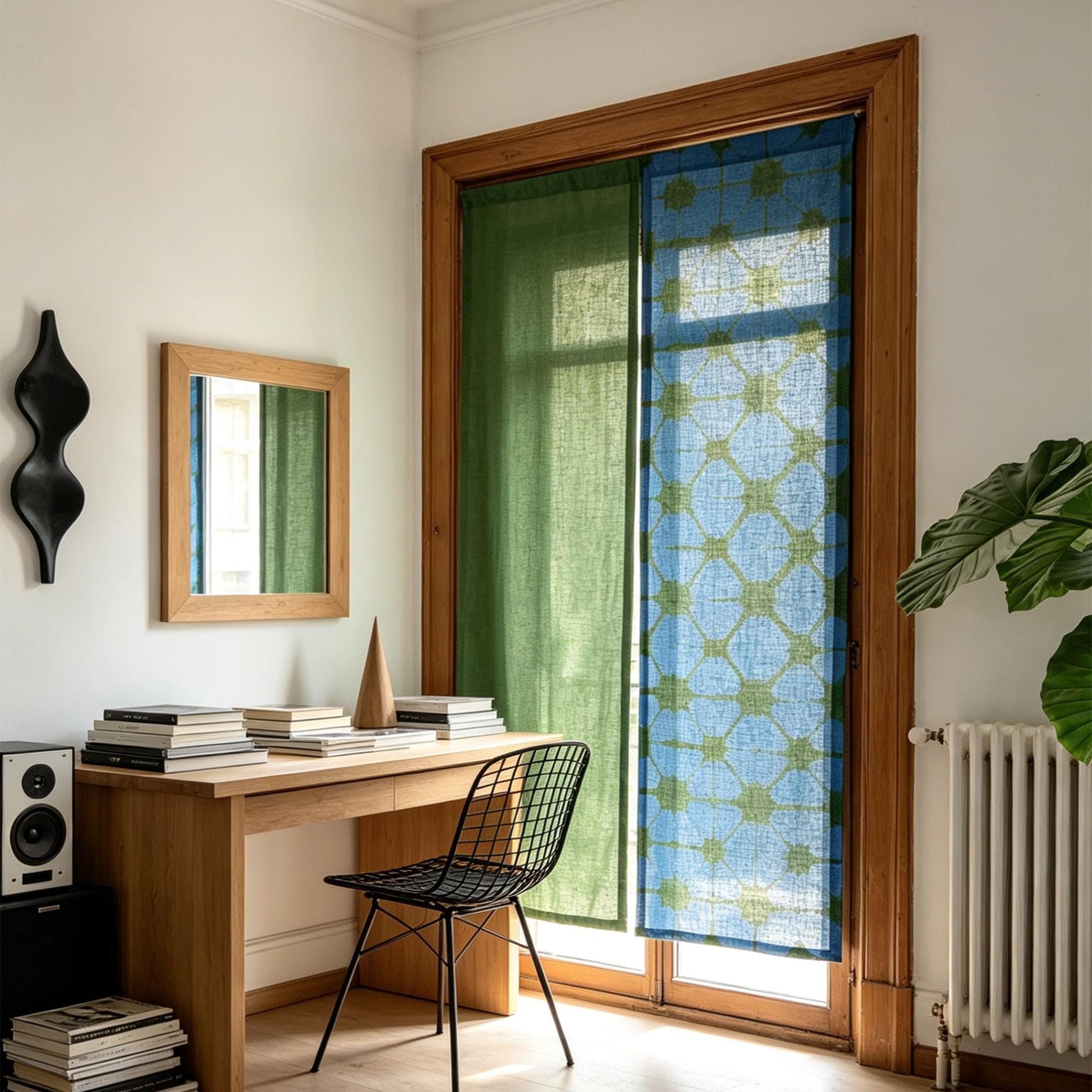 alternate angle of Motif Linen Noren — Plaid hanging as a two-panel doorway curtain