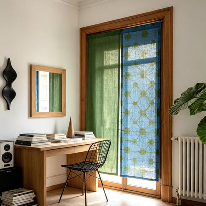 alternate angle of Motif Linen Noren — Plaid hanging as a two-panel doorway curtain