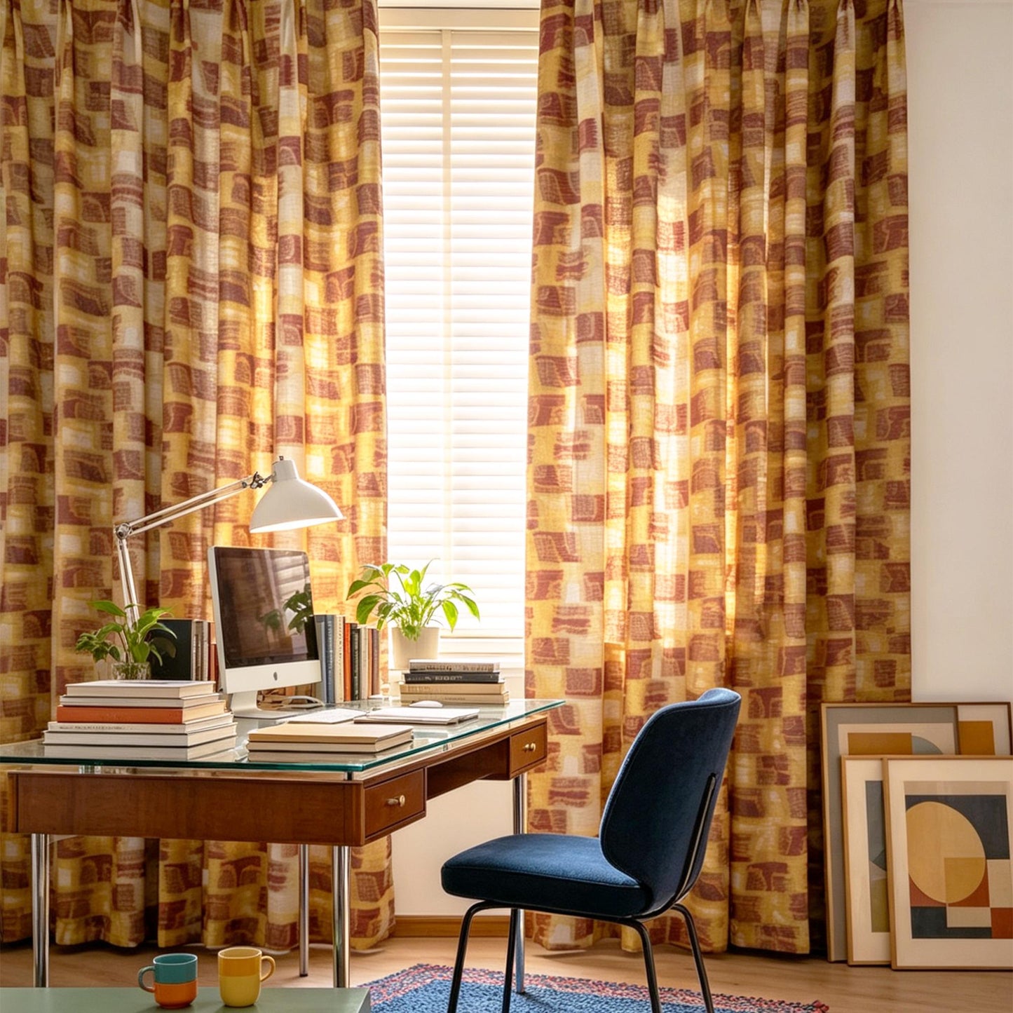 Pattern Drapery — Golden Ochre shown in a bedroom interior with soft natural light