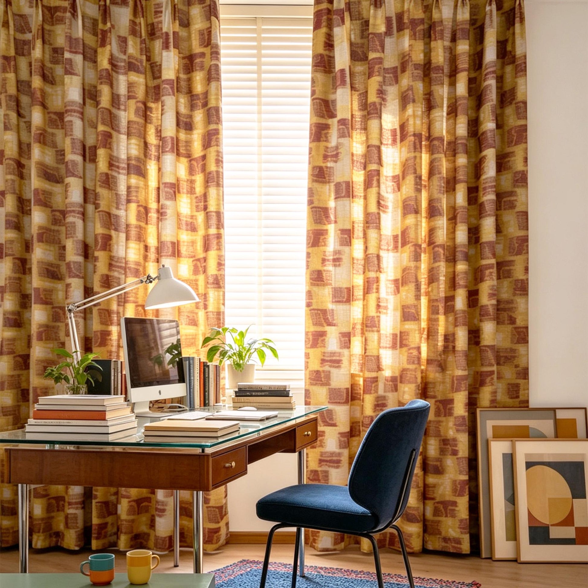 Pattern Drapery — Golden Ochre shown in a bedroom interior with soft natural light
