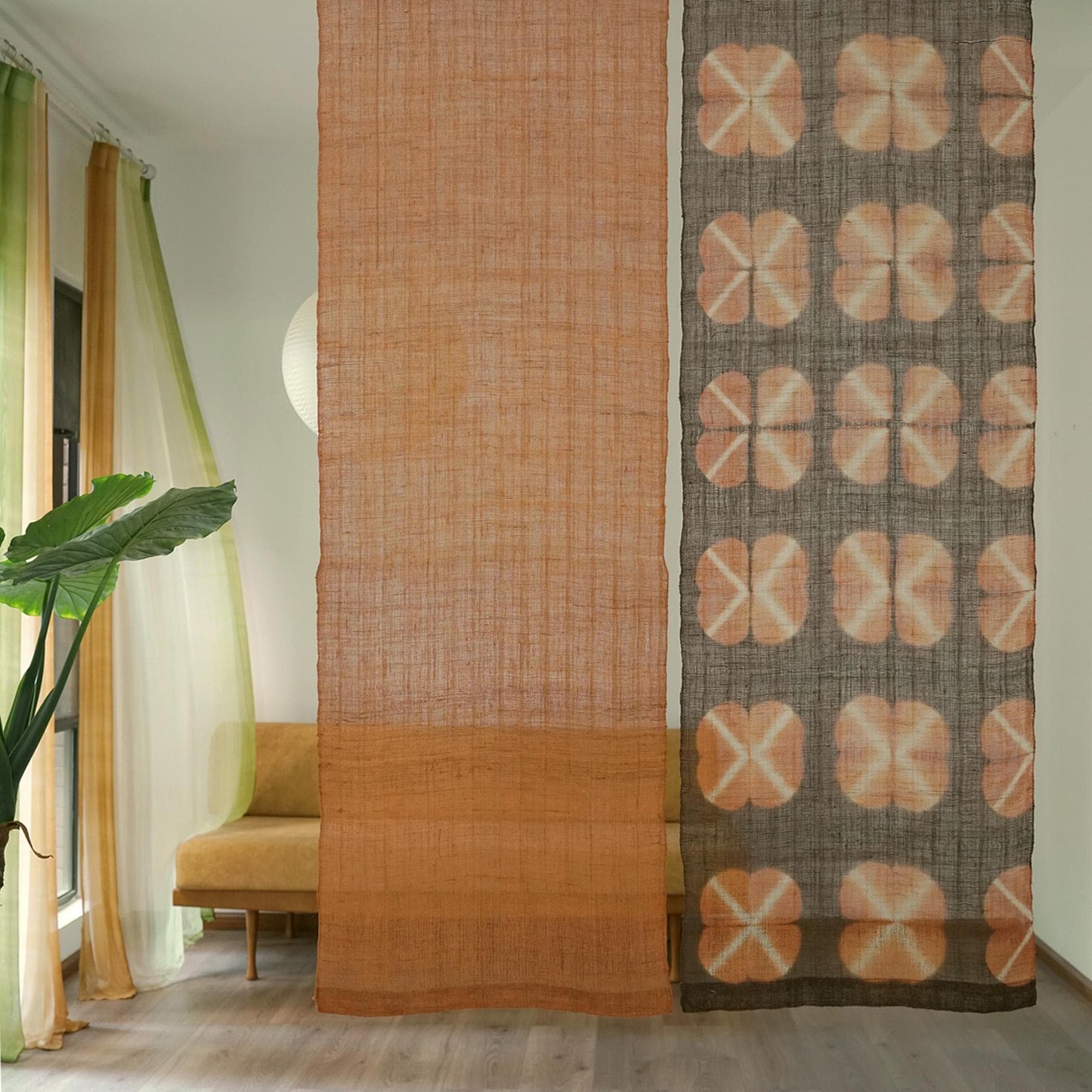 Ramie cloth panel 'Earth Grid' — handmade plant-dyed ramie for room divider or curtain.