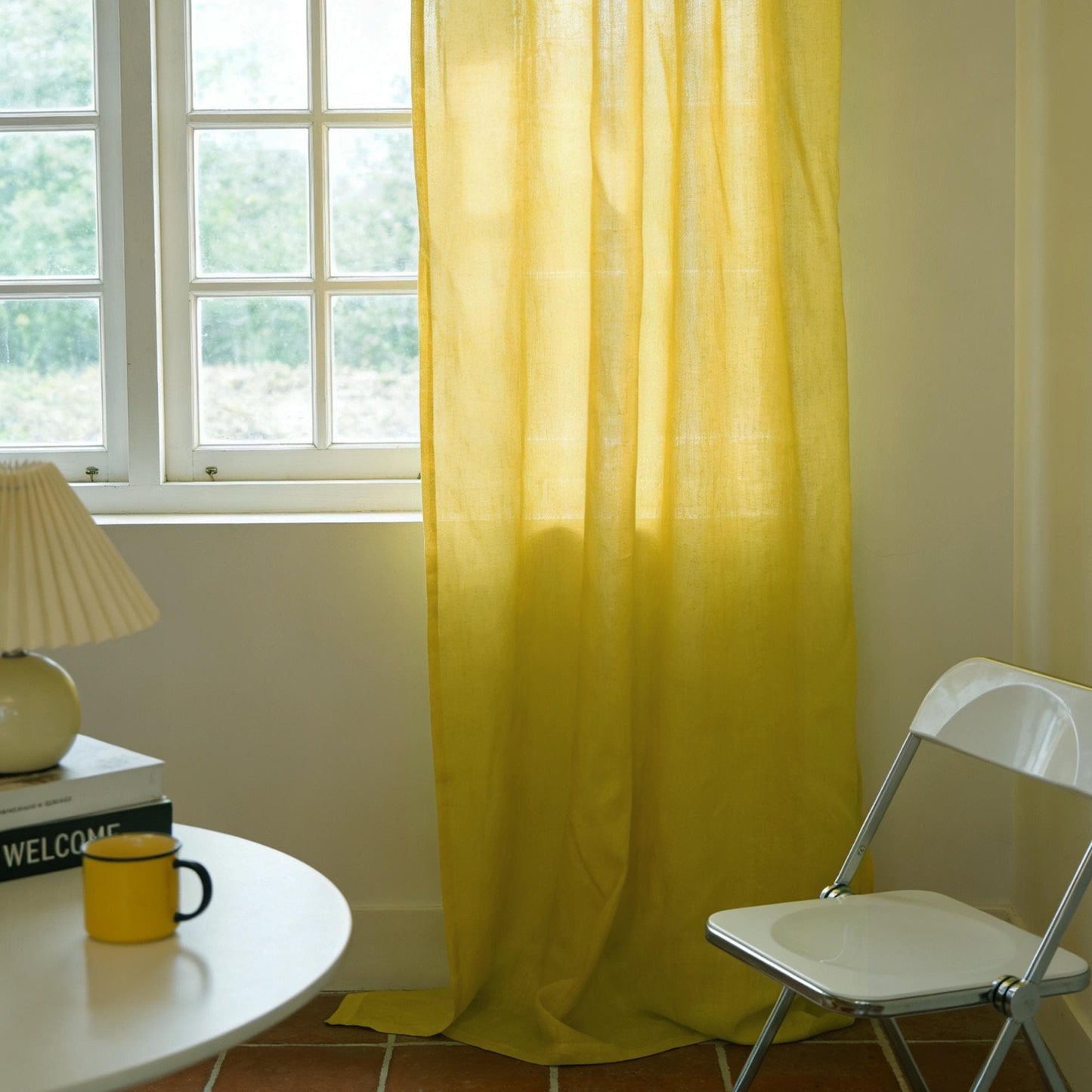 Linen curtain panel 'Citron Yellow' — handmade plant-dyed linen for doorway or room divider.