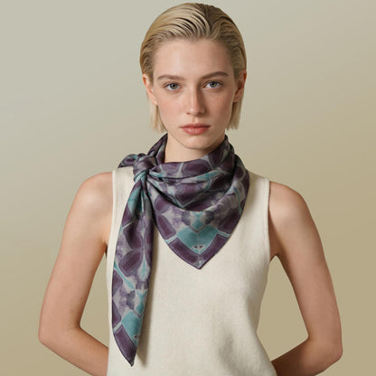 Scarf — Mauve Knot styled and worn, showing the natural plant-dyed pattern