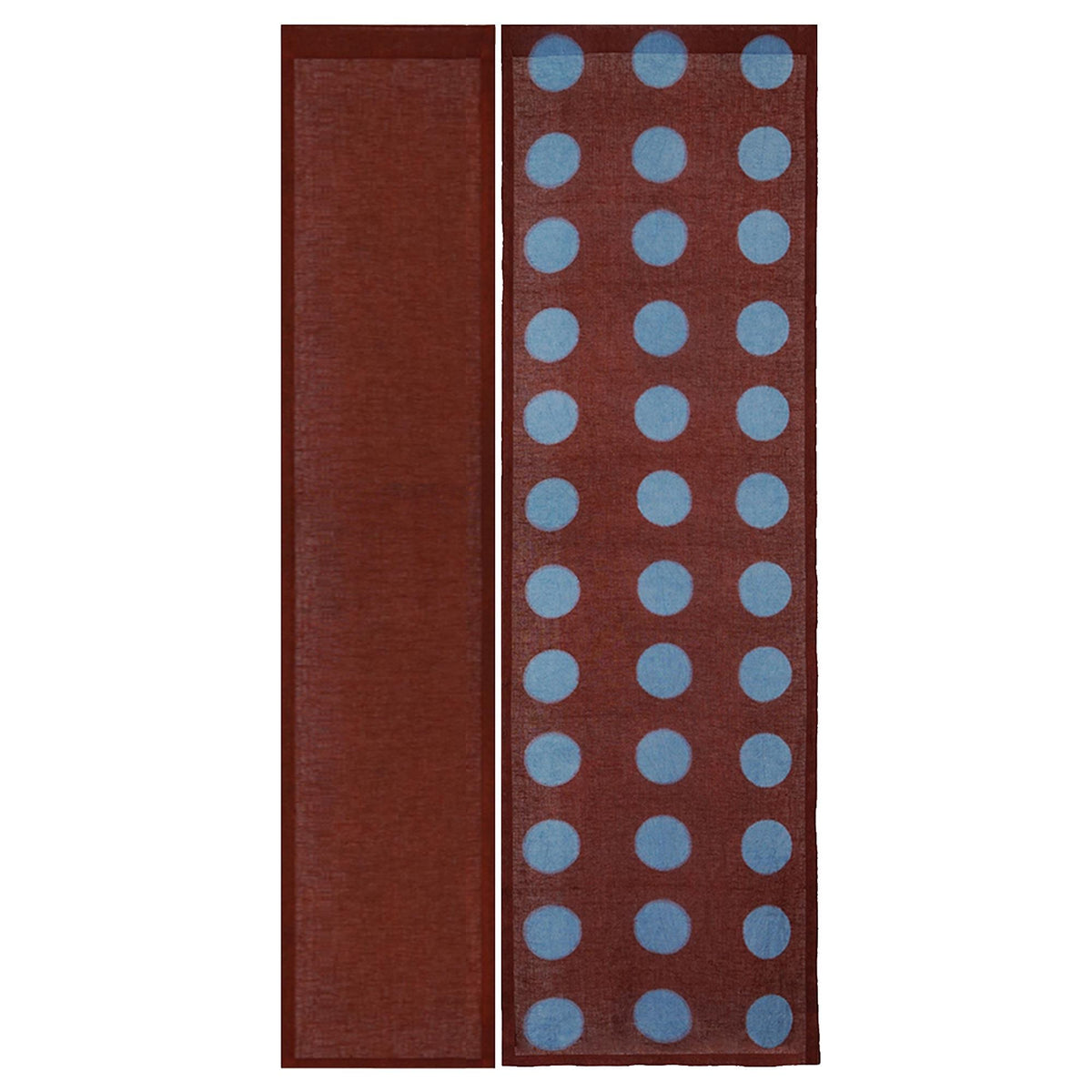alternate angle of Polka Dot Linen Noren — Brick / Red hanging as a two-panel doorway curtain