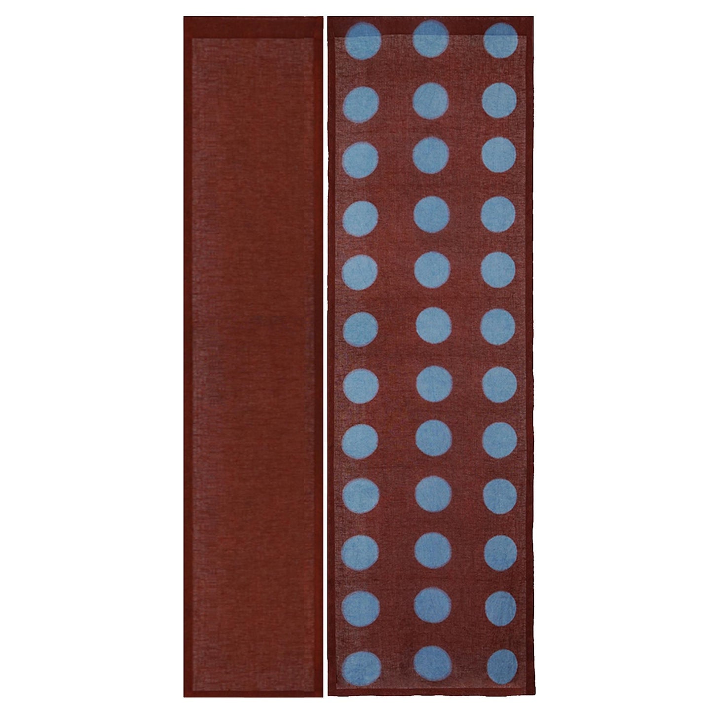 alternate angle of Polka Dot Linen Noren — Brick / Red hanging as a two-panel doorway curtain