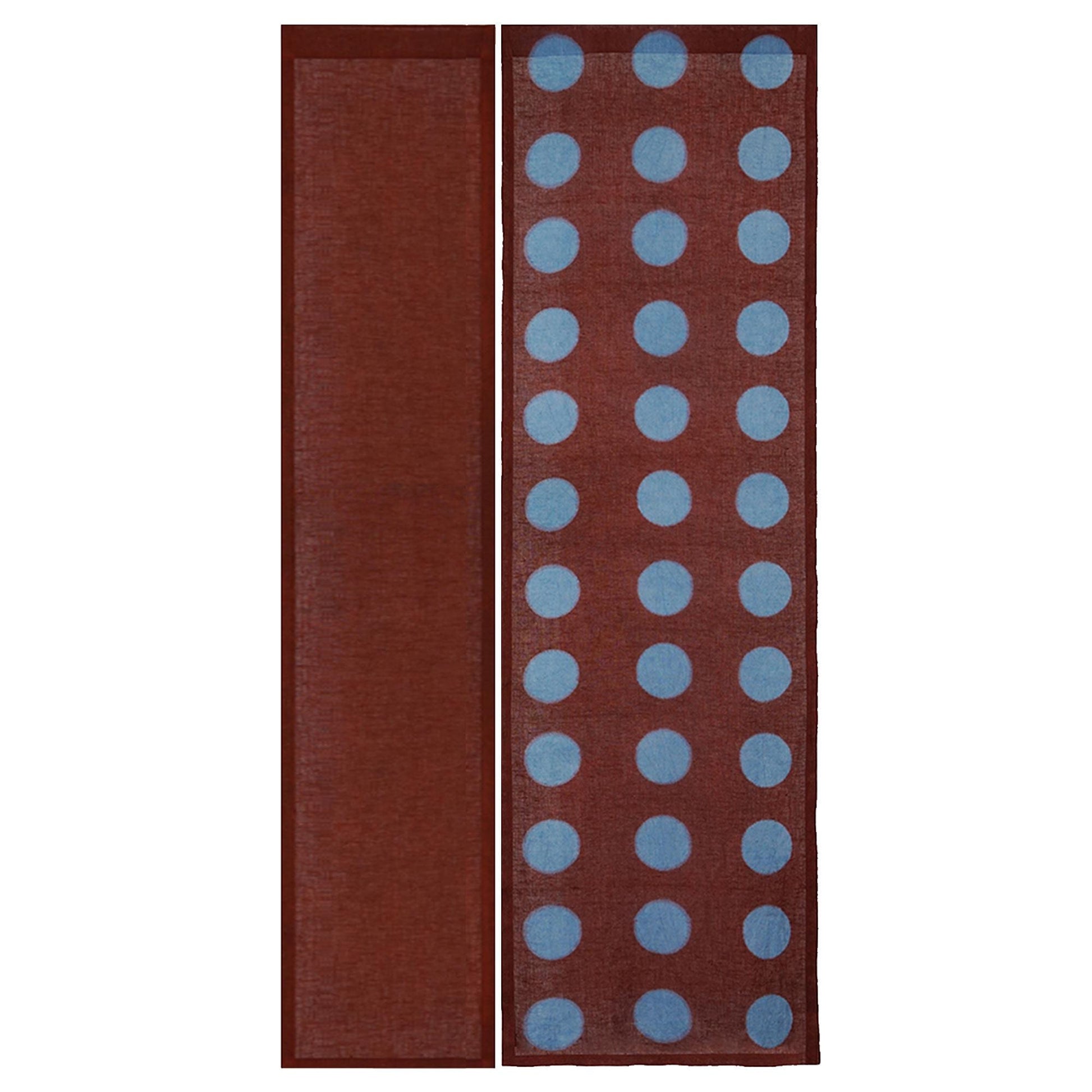 alternate angle of Polka Dot Linen Noren — Brick / Red hanging as a two-panel doorway curtain