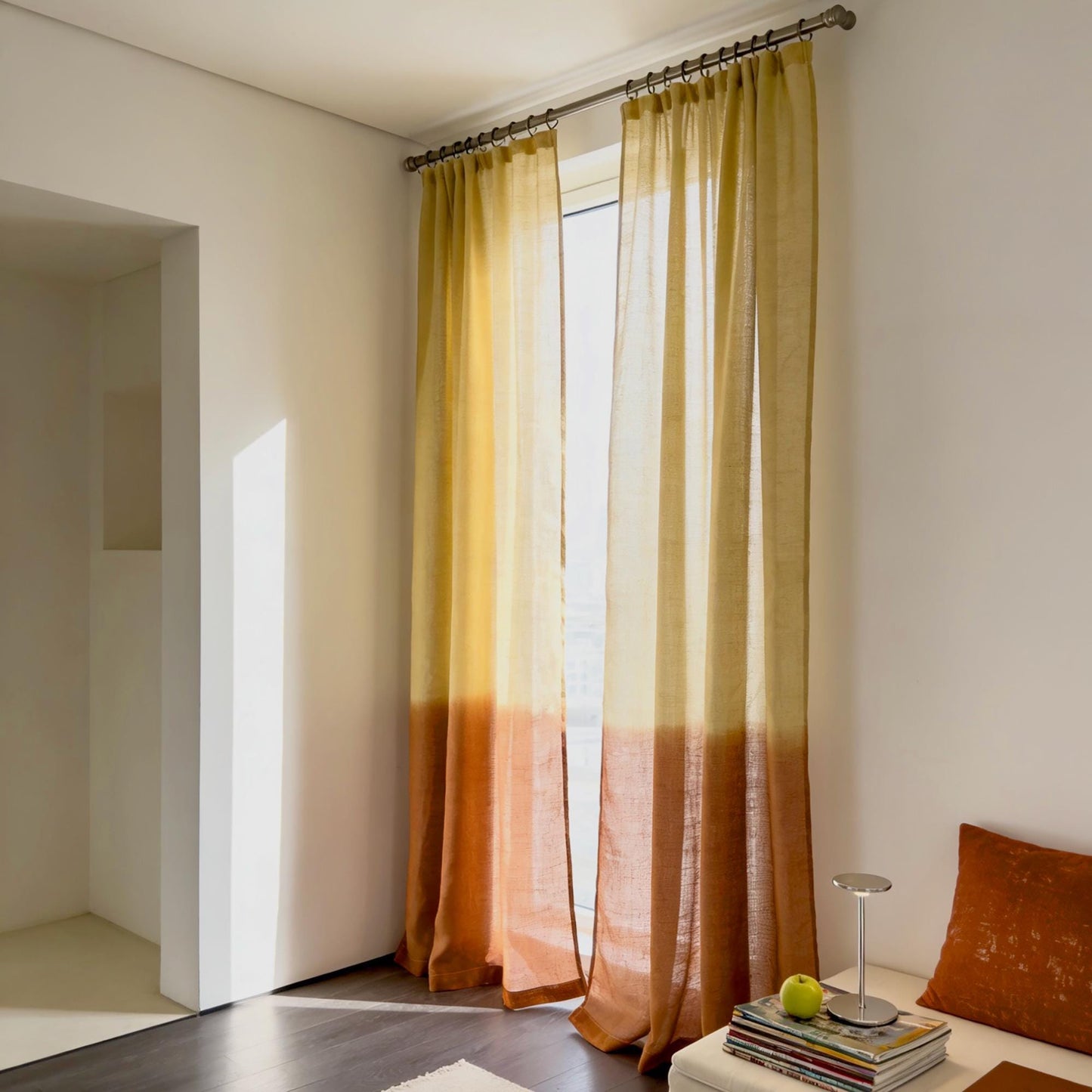 Linen Panel — Warm Beige hanging by a window, filtering daylight in a styled interior