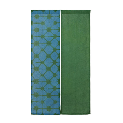 alternate angle of Motif Linen Noren — Plaid hanging as a two-panel doorway curtain