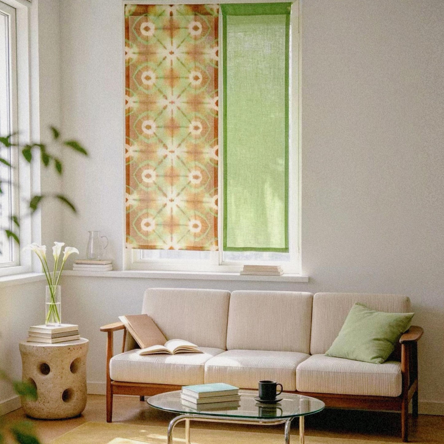 alternate angle of Motif Linen Noren — Green Bloom hanging as a two-panel doorway curtain