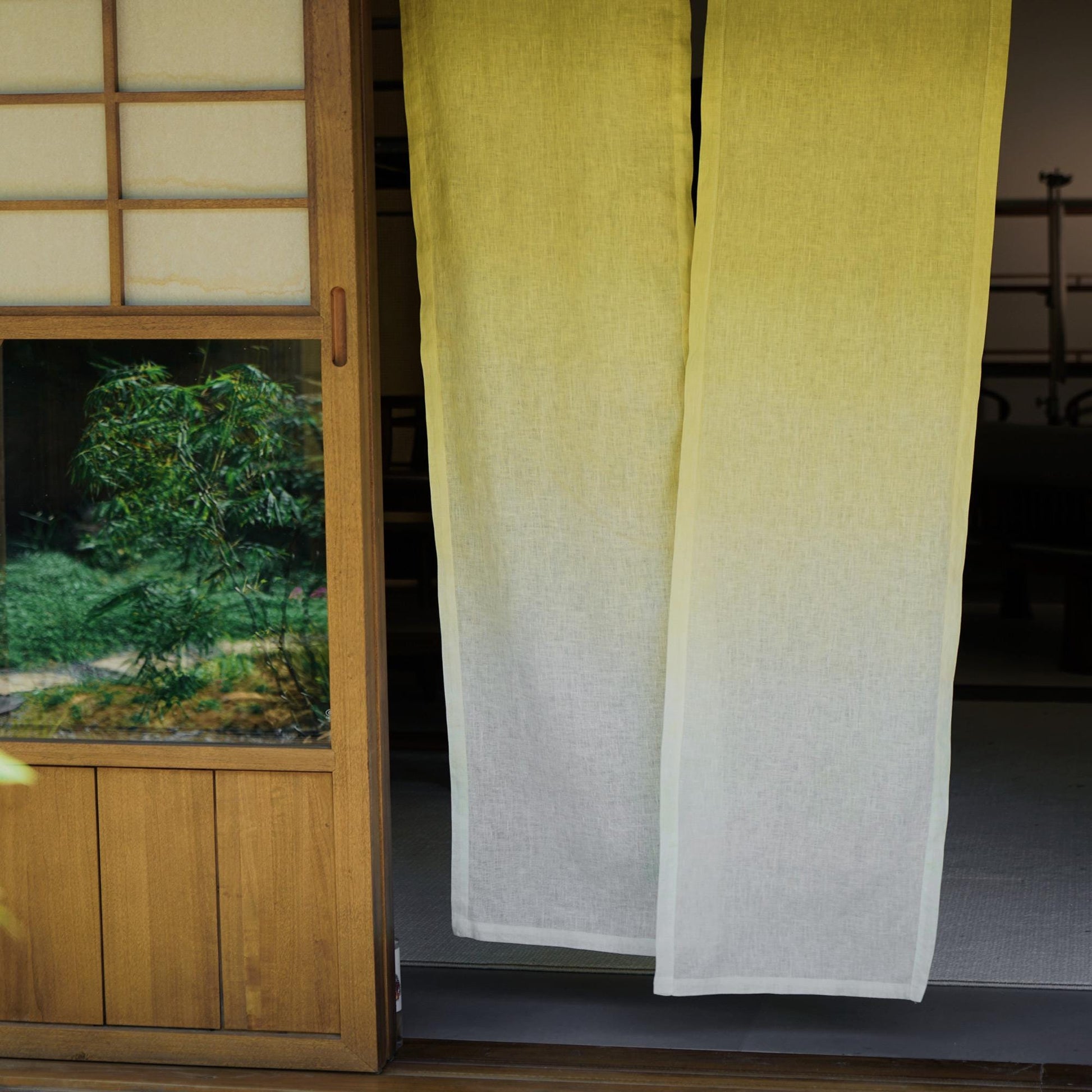 styled room scene with Soft Tone Noren — Yellow White used as a window or doorway curtain