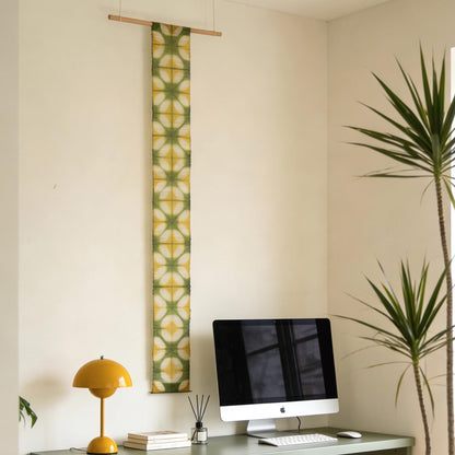 Narrow Ramie — Field Grid displayed vertically on a wall as a decorative textile banner