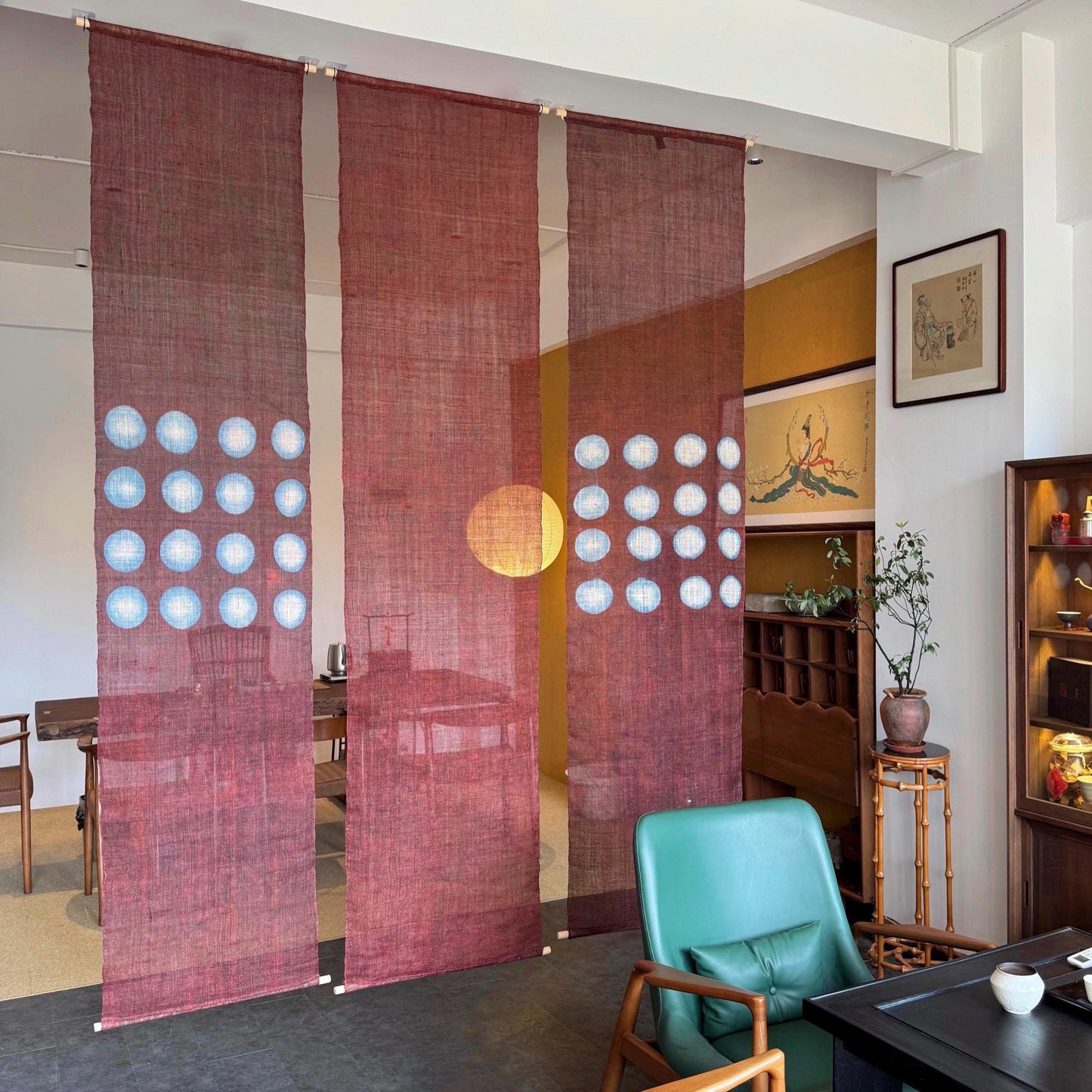 Ramie cloth panel 'Red Dots' — handmade plant-dyed ramie for room divider or curtain.