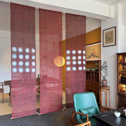 Ramie cloth panel 'Red Dots' — handmade plant-dyed ramie for room divider or curtain.