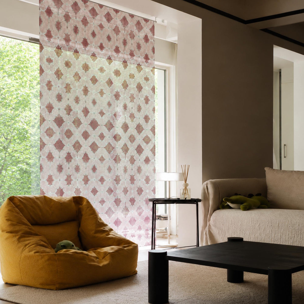 Organza — Mist Purple hung as a sheer room partition in a modern living space