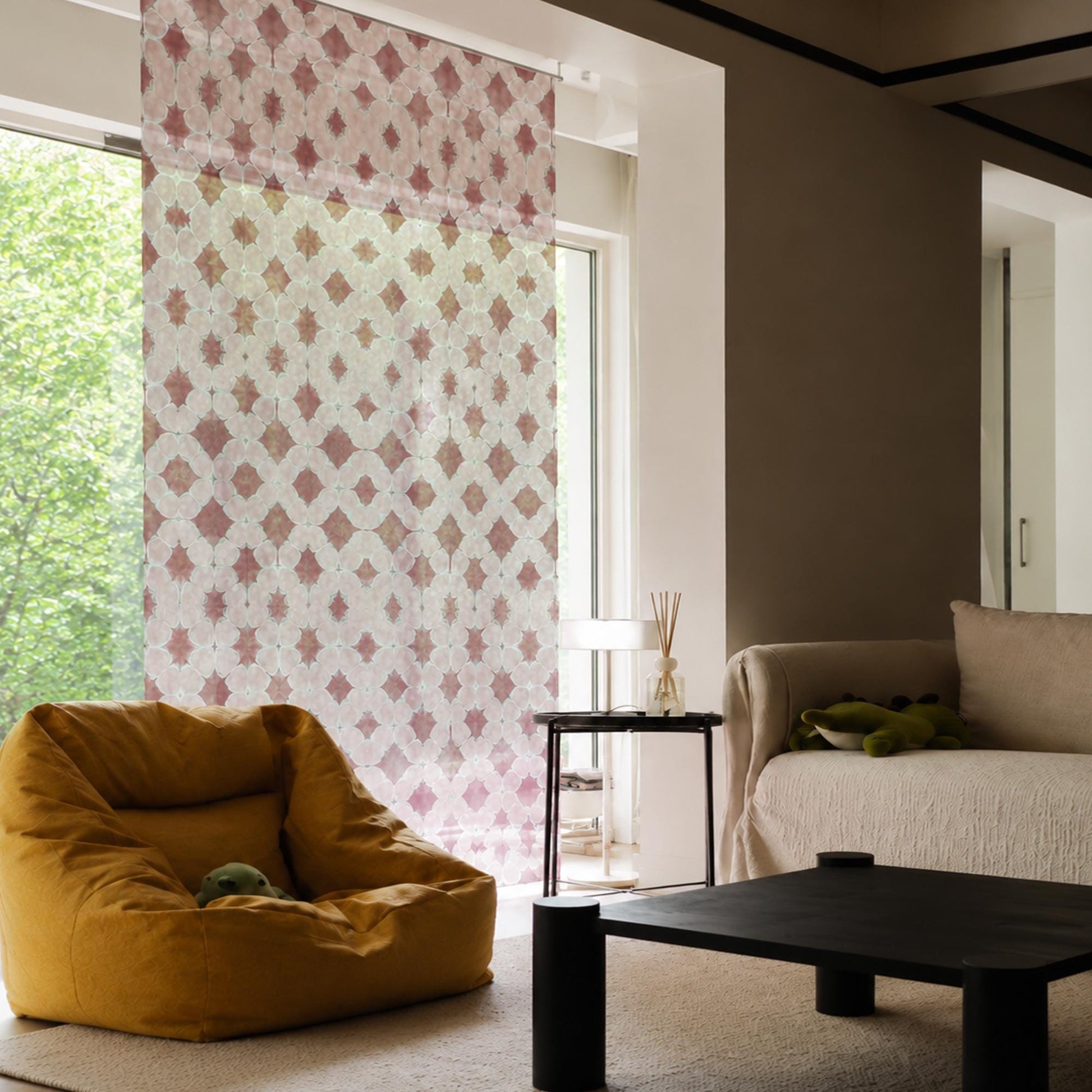 Organza — Mist Purple hung as a sheer room partition in a modern living space